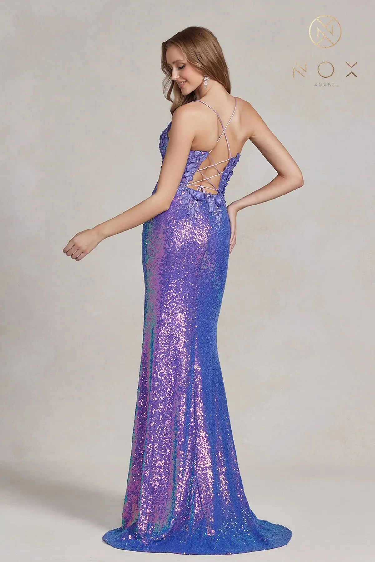 Nox Anabel R1207 Size 0 Long Iridescent Turquoise Floral Lace Sequin Prom Dress Slit Backless Corset Gown Turquoise