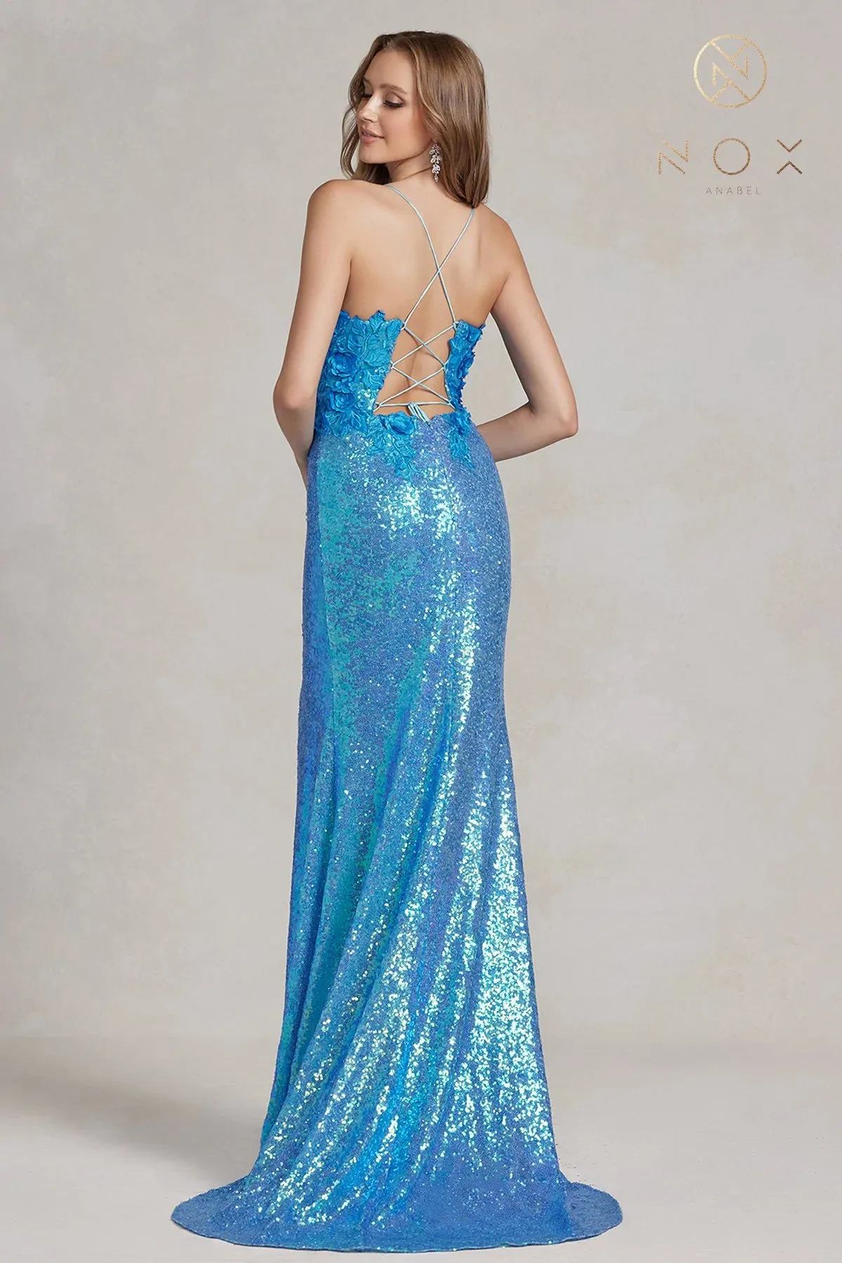 Nox Anabel R1207 Size 0 Long Iridescent Turquoise Floral Lace Sequin Prom Dress Slit Backless Corset Gown Turquoise
