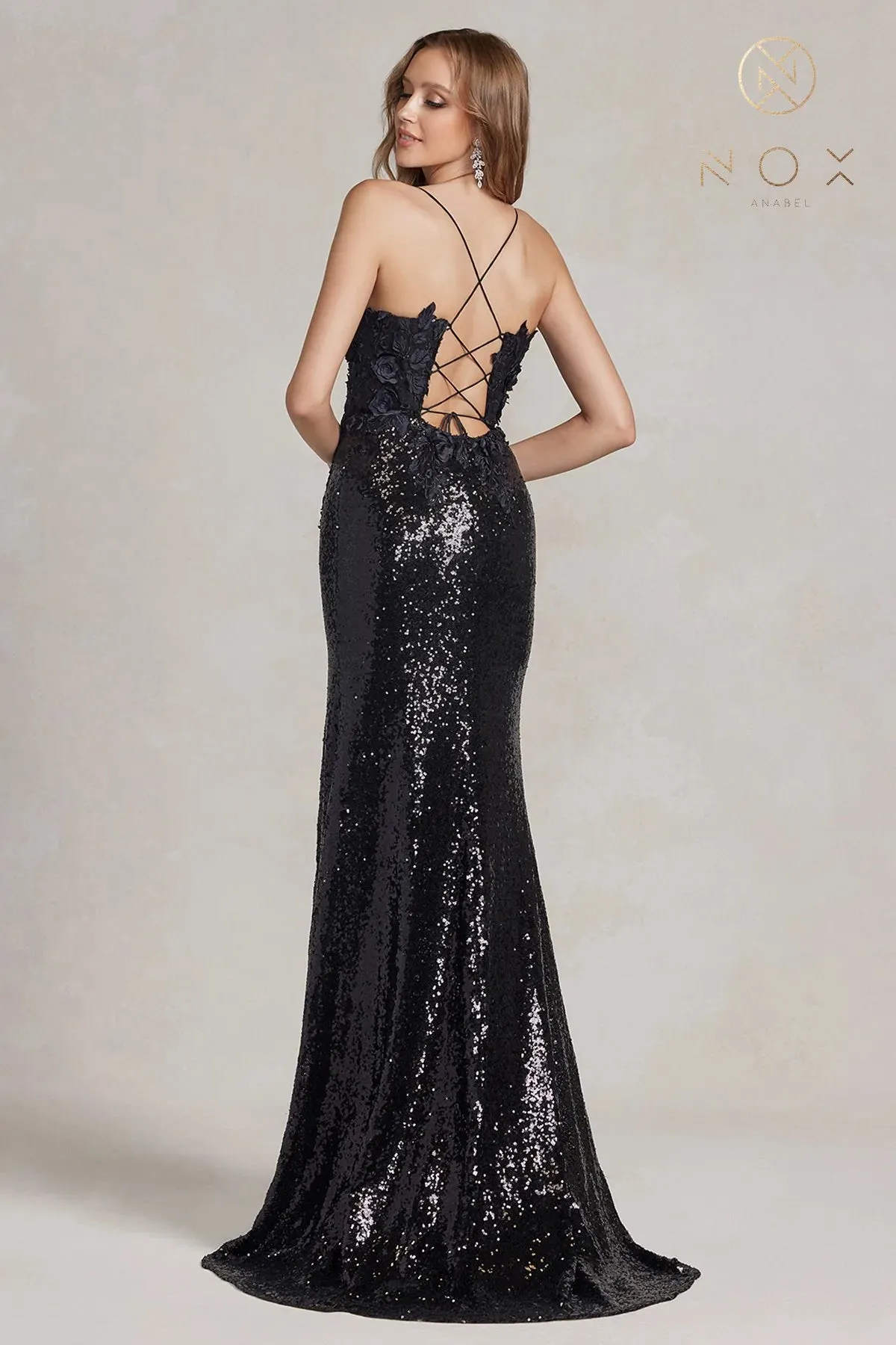 Nox Anabel R1207 Size 0 Long Iridescent Turquoise Floral Lace Sequin Prom Dress Slit Backless Corset Gown Turquoise