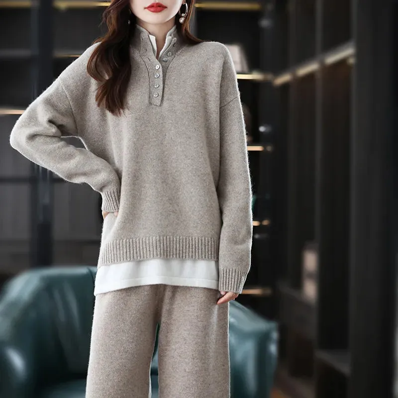 Pink Cashmere Pullover Wide Leg Pants Wool Suit