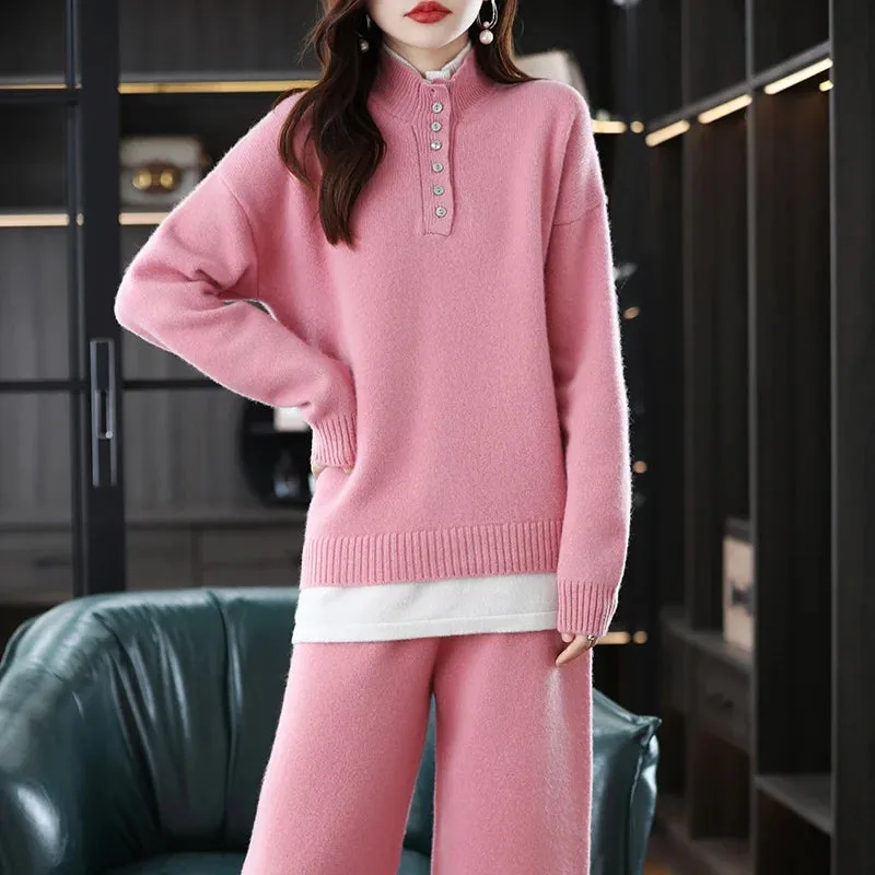 Pink Cashmere Pullover Wide Leg Pants Wool Suit
