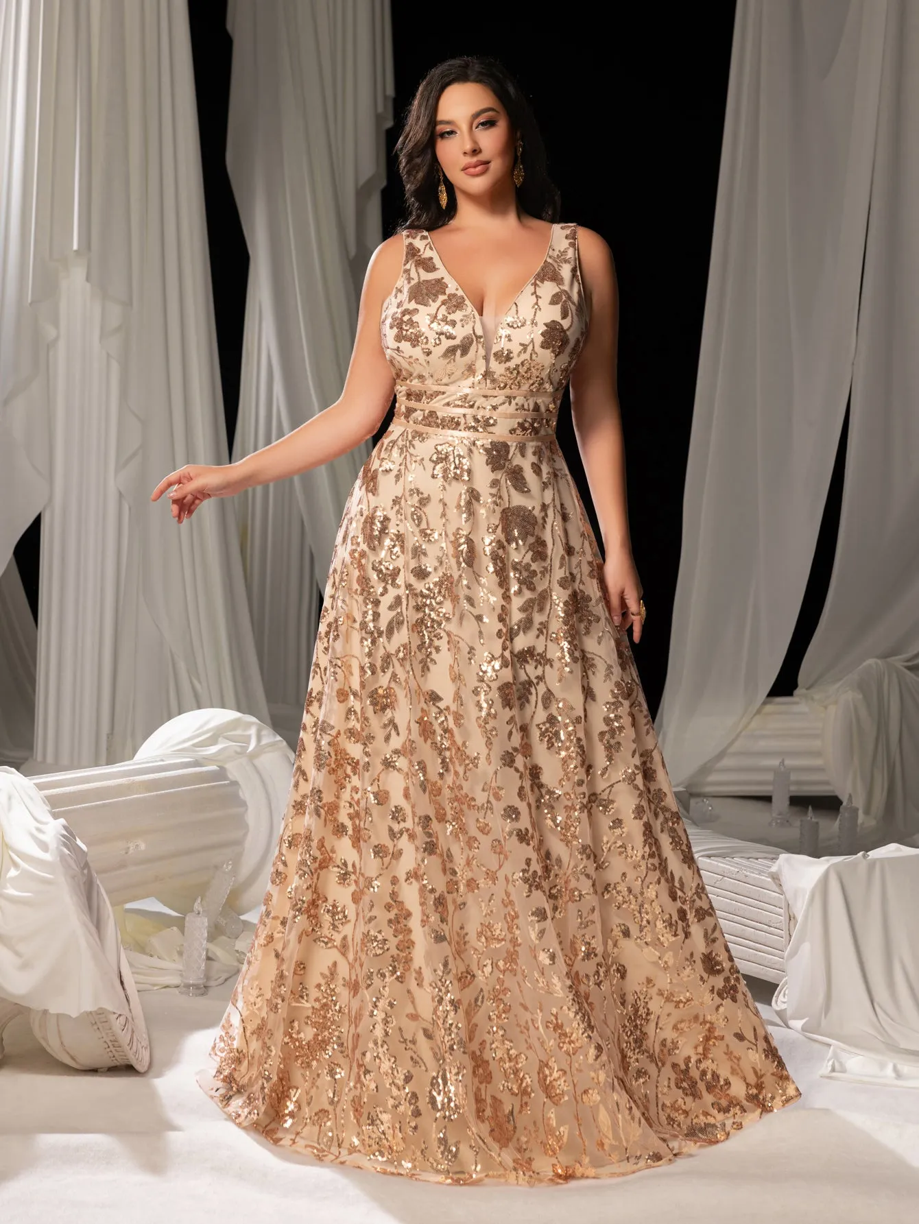 Plus Plunging Meck Backless Floral Sequin Prom Dress