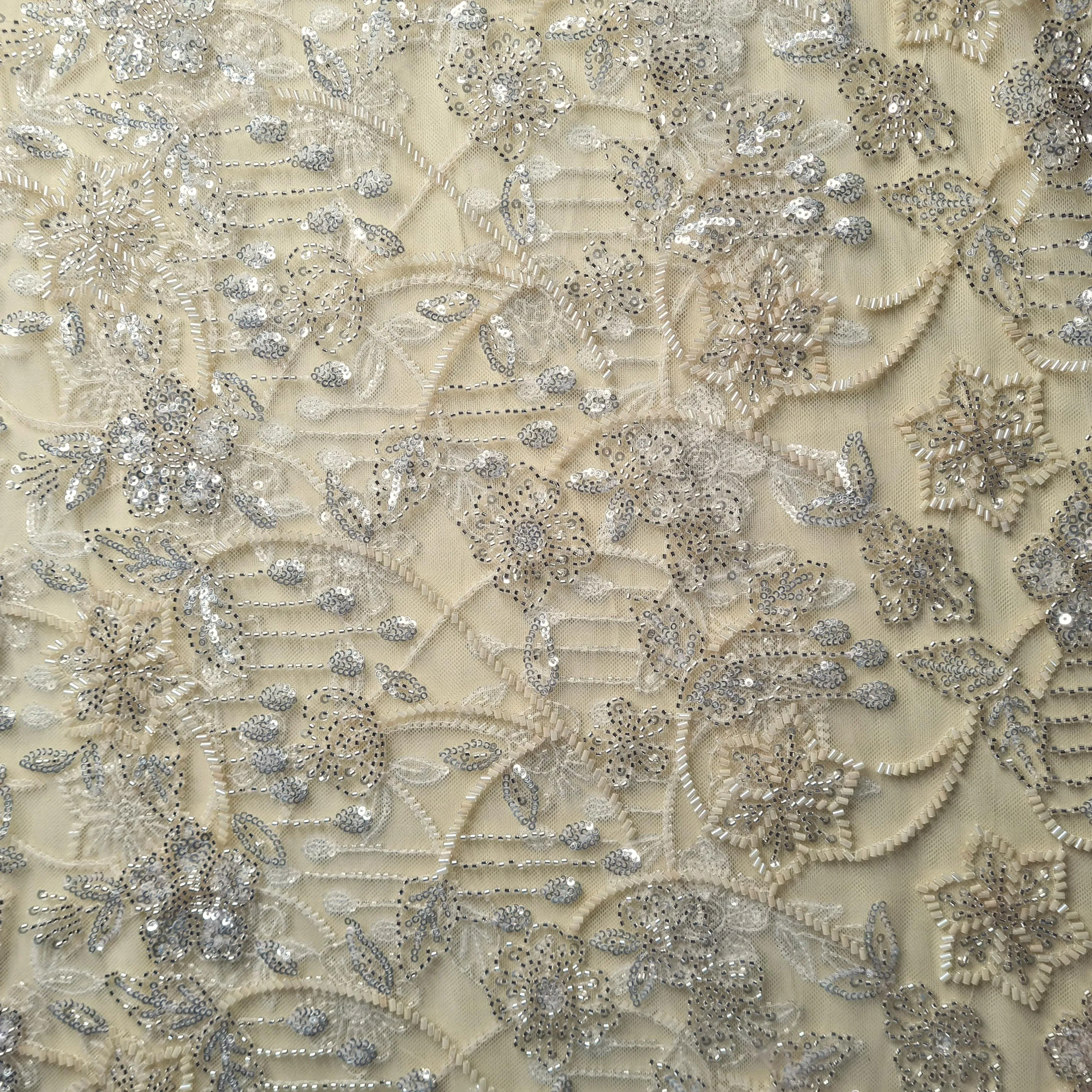 Premium Net Light Yellow Floral CutDana Sequins Embroidery Fabric