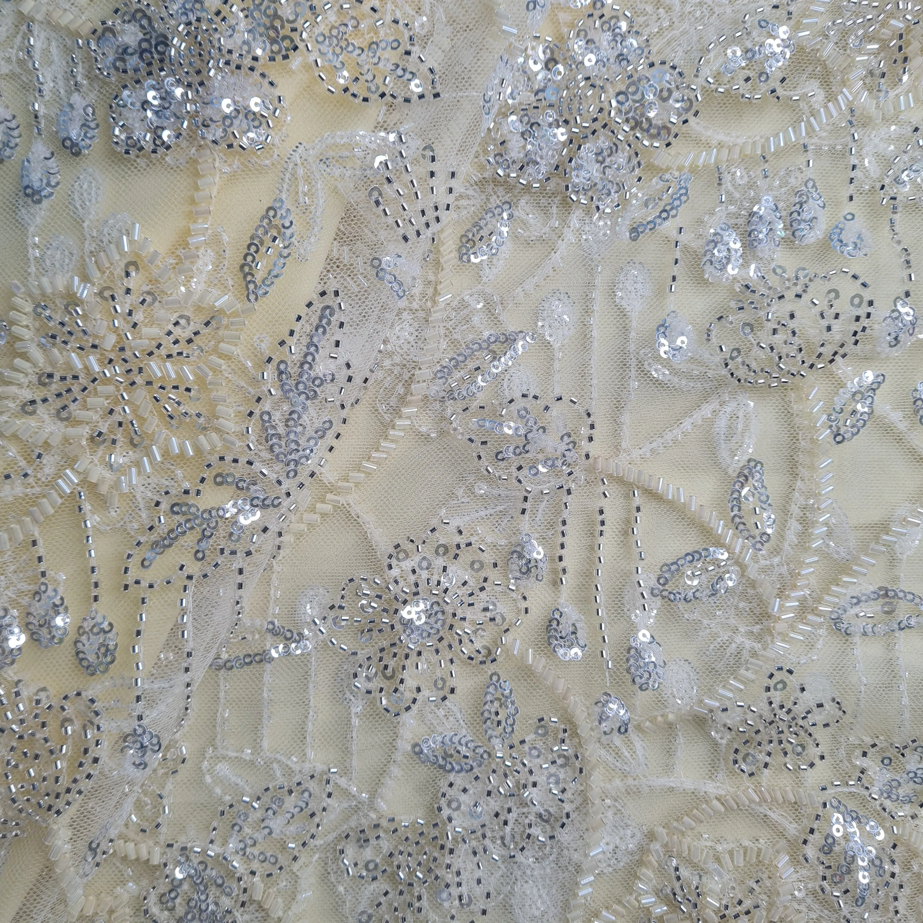 Premium Net Light Yellow Floral CutDana Sequins Embroidery Fabric