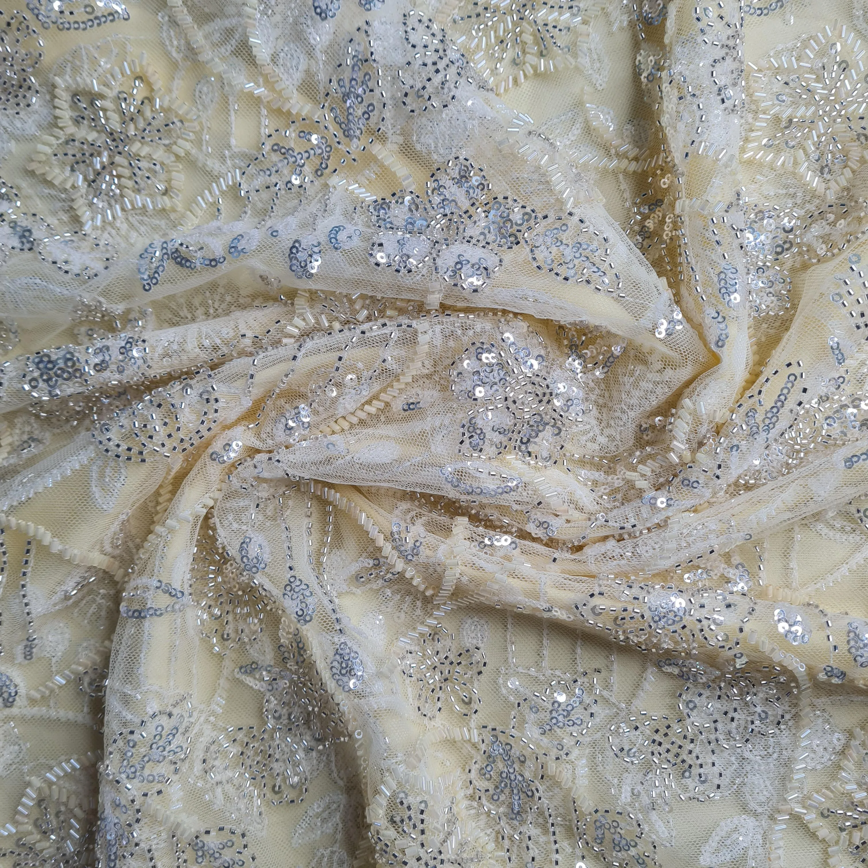 Premium Net Light Yellow Floral CutDana Sequins Embroidery Fabric