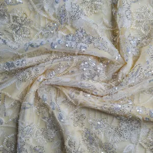 Premium Net Light Yellow Floral CutDana Sequins Embroidery Fabric