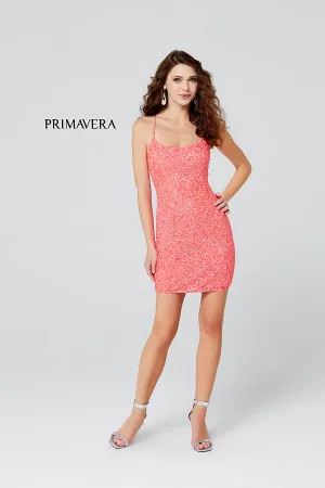 Primavera 3351 Size 8 Coral Cocktail Dress Short Fitted Sequin Backless Homecoming Dress