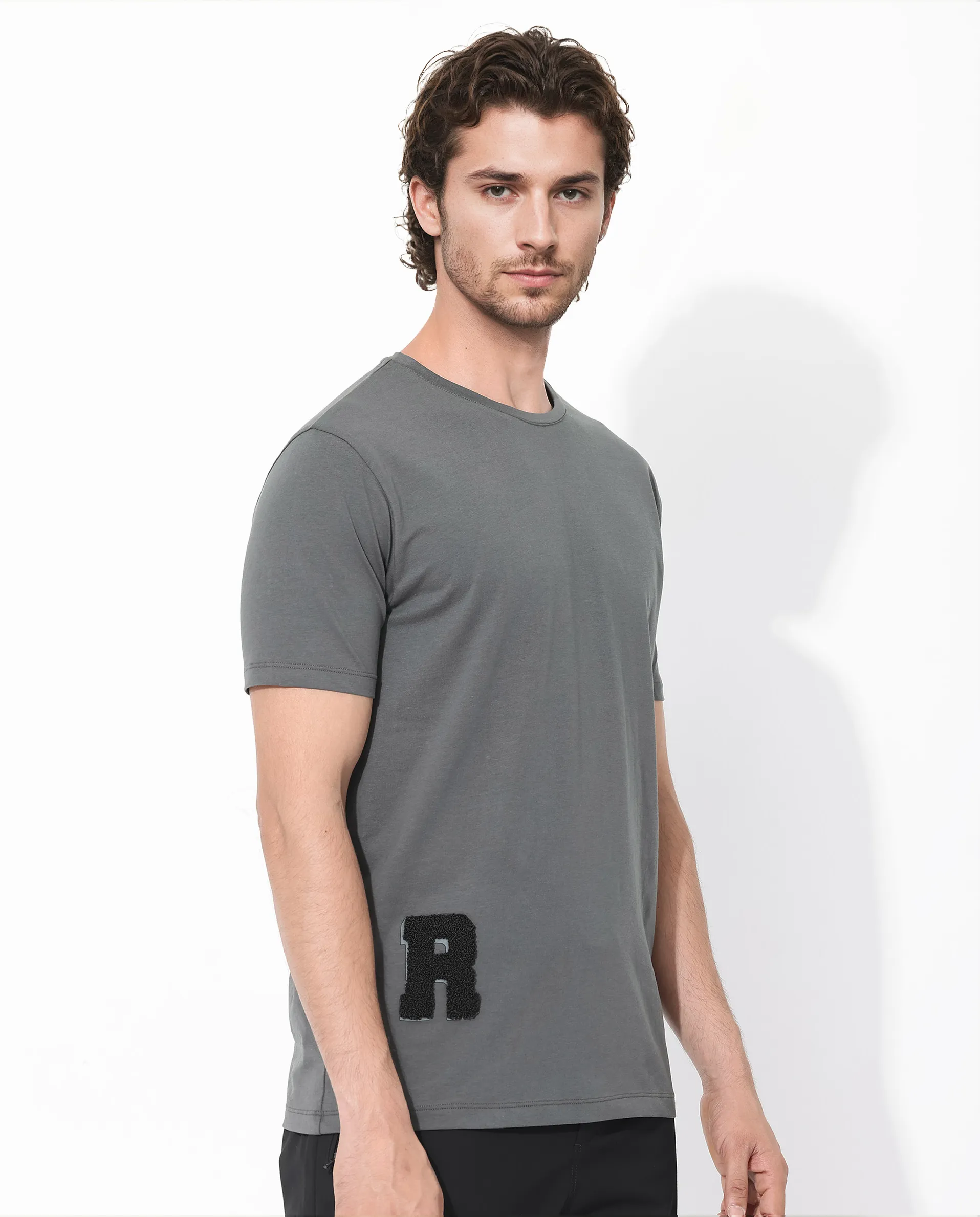 Rare Rabbit Articale Men's Rev Grey Cotton Lycra Fabric Short Sleeve Crew Neck Graphic Print T-Shirt