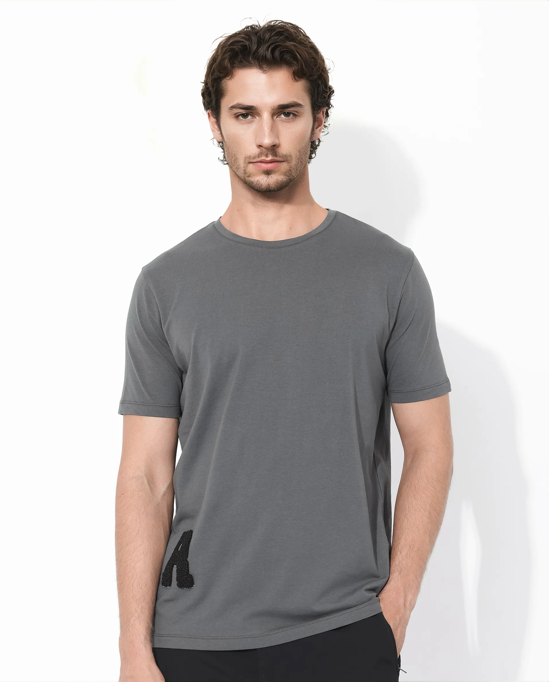 Rare Rabbit Articale Men's Rev Grey Cotton Lycra Fabric Short Sleeve Crew Neck Graphic Print T-Shirt