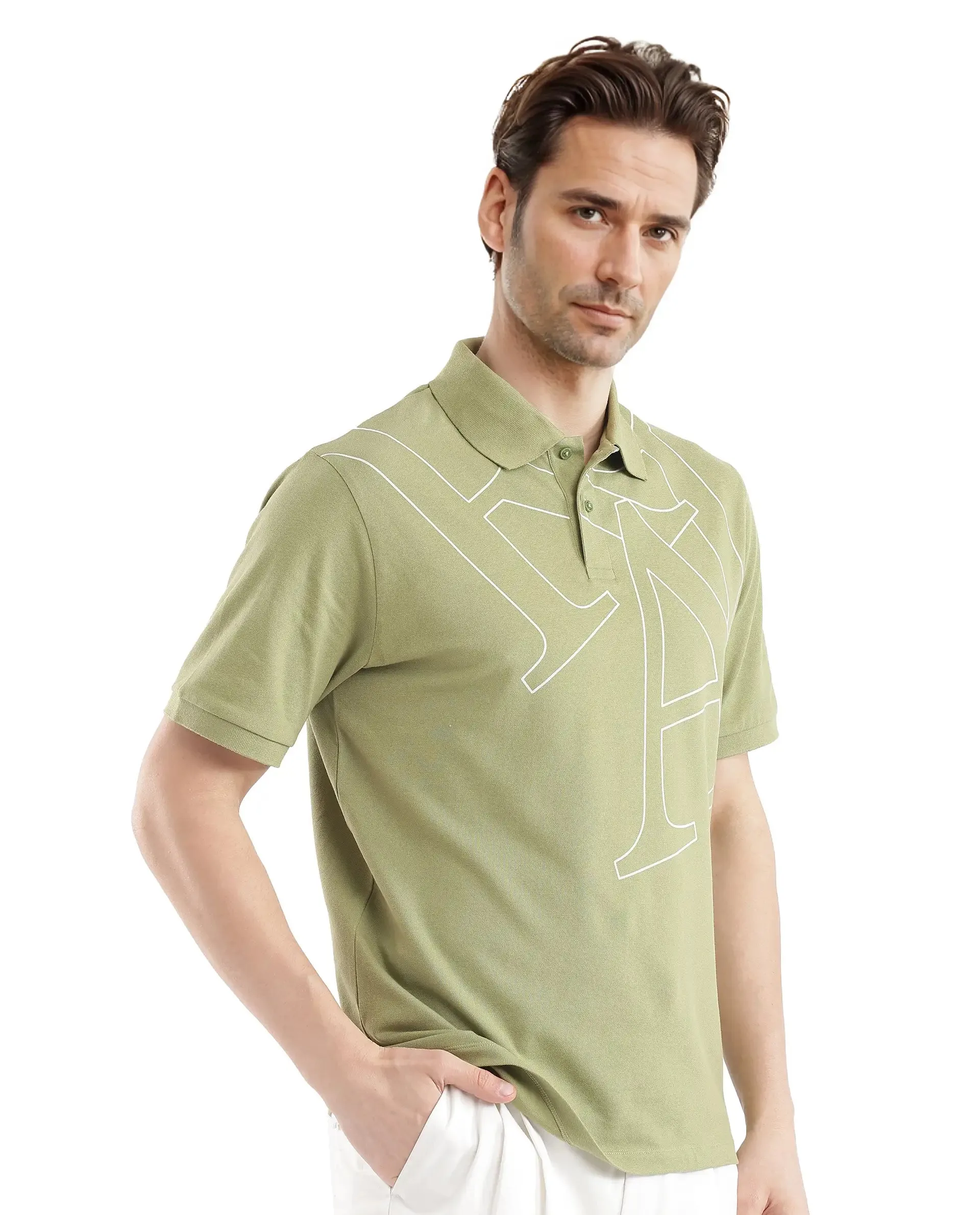 Rare Rabbit Men Daryl Olive Cotton Blend Fabric Short Sleeve Regular Collar Placement Typography Print Polo