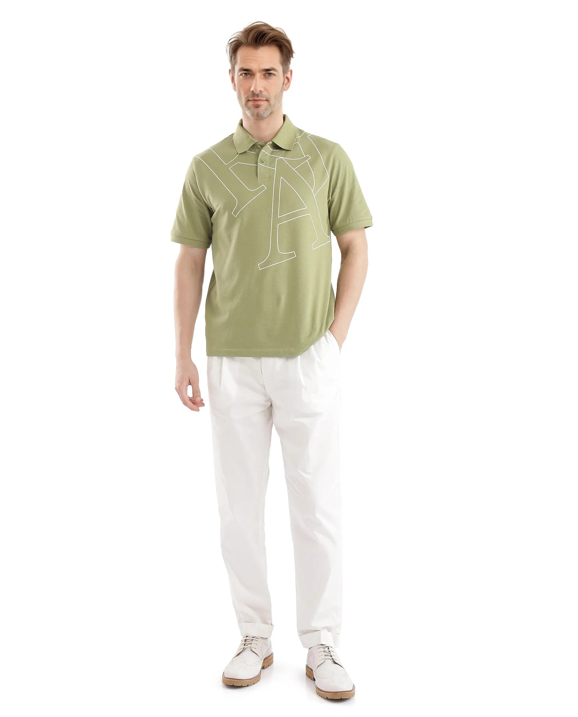 Rare Rabbit Men Daryl Olive Cotton Blend Fabric Short Sleeve Regular Collar Placement Typography Print Polo
