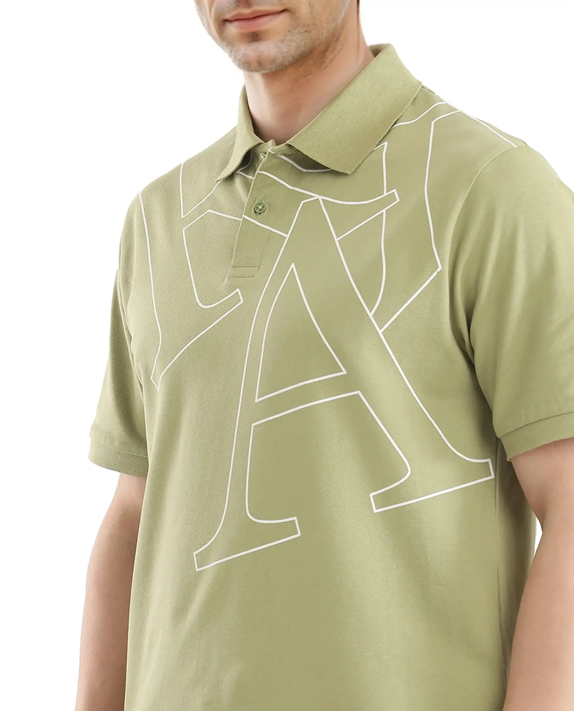 Rare Rabbit Men Daryl Olive Cotton Blend Fabric Short Sleeve Regular Collar Placement Typography Print Polo