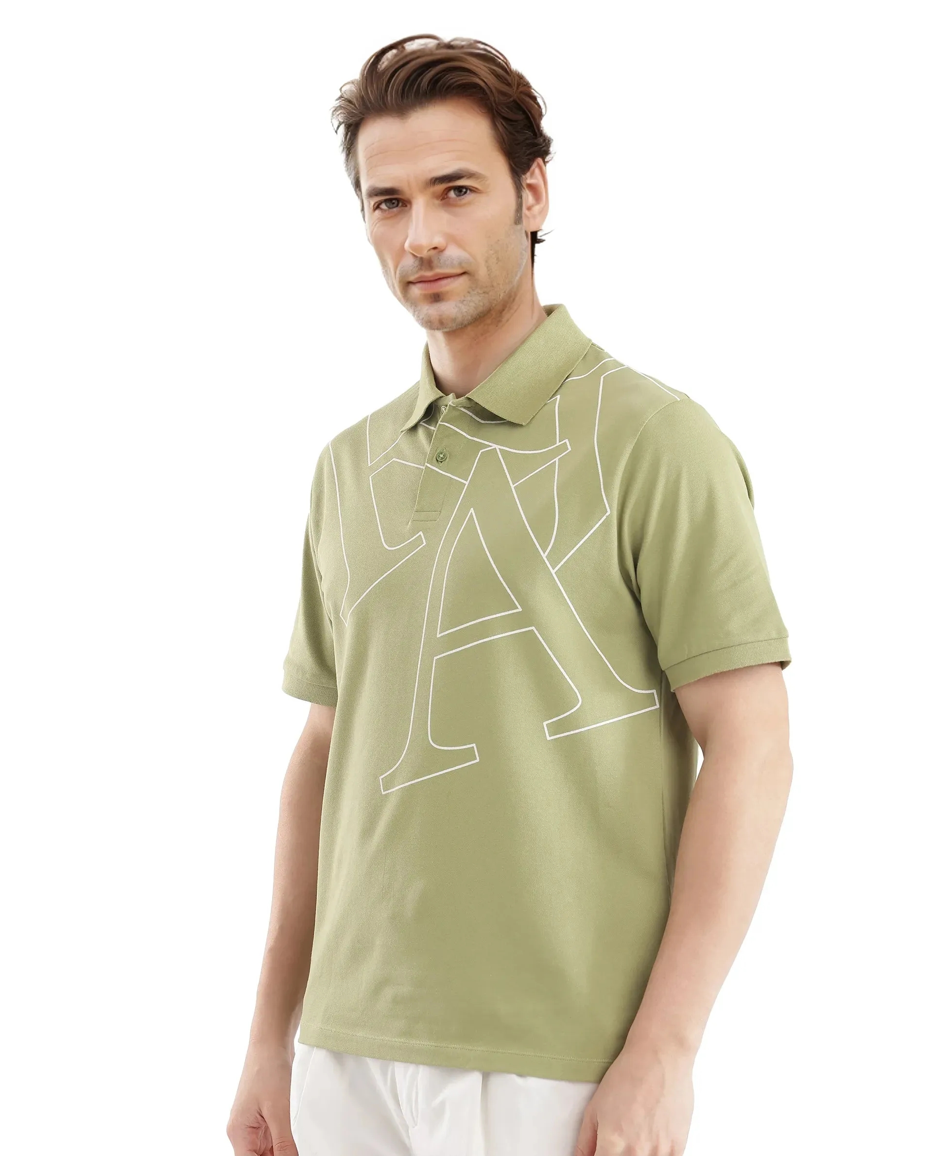 Rare Rabbit Men Daryl Olive Cotton Blend Fabric Short Sleeve Regular Collar Placement Typography Print Polo