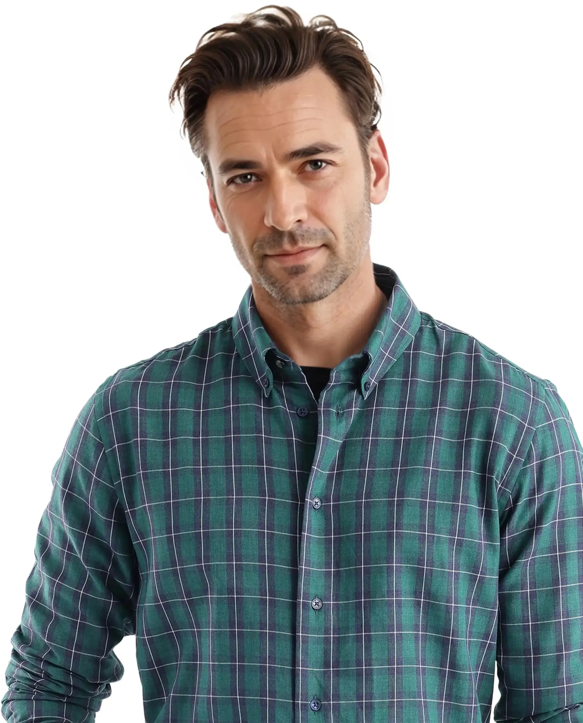 Rare Rabbit Men's Zary Dark Green Cotton Fabric Full Sleeve Regular Fit Checks Shirt
