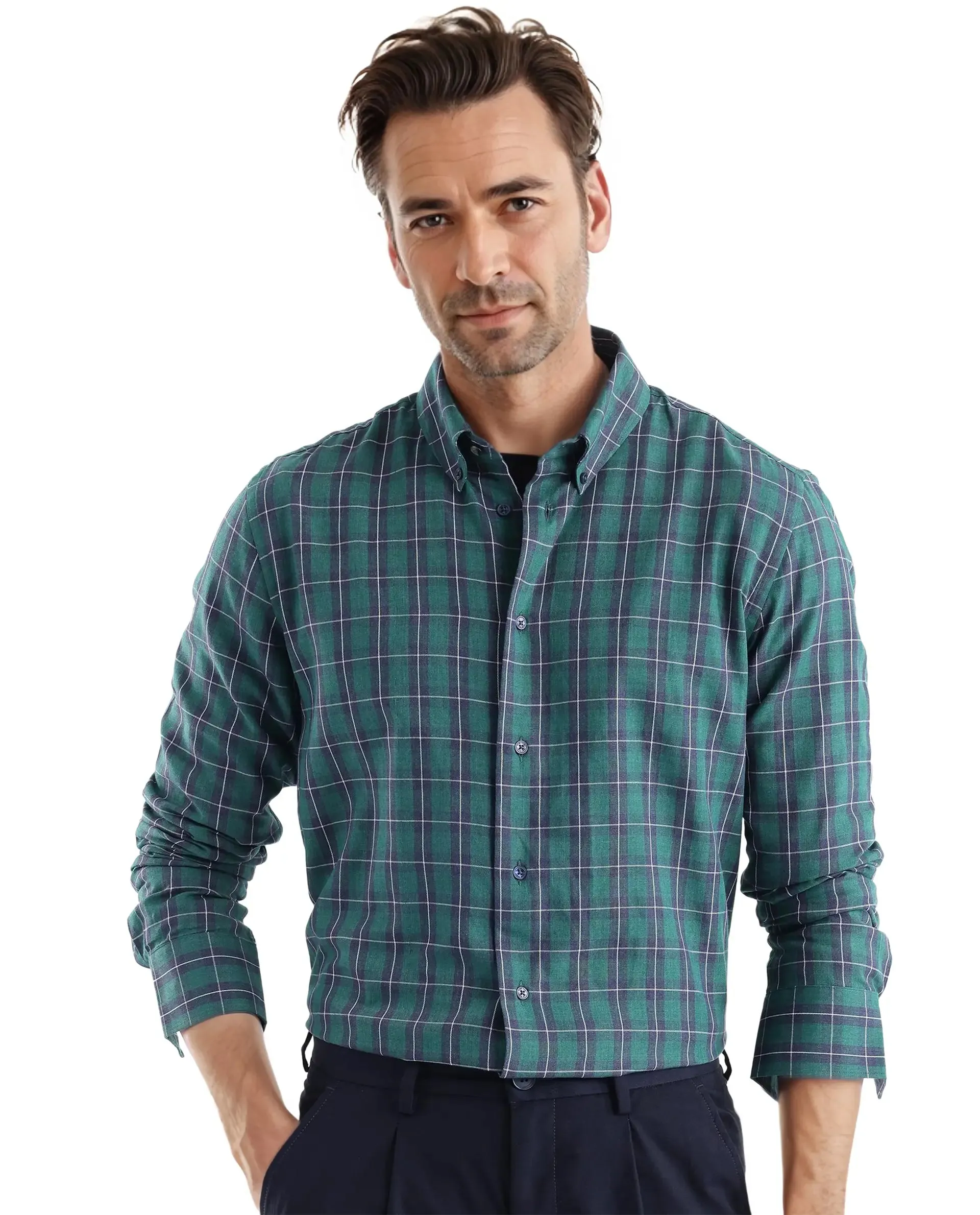 Rare Rabbit Men's Zary Dark Green Cotton Fabric Full Sleeve Regular Fit Checks Shirt