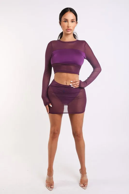 Satin Color Block Mesh Skirt Set
