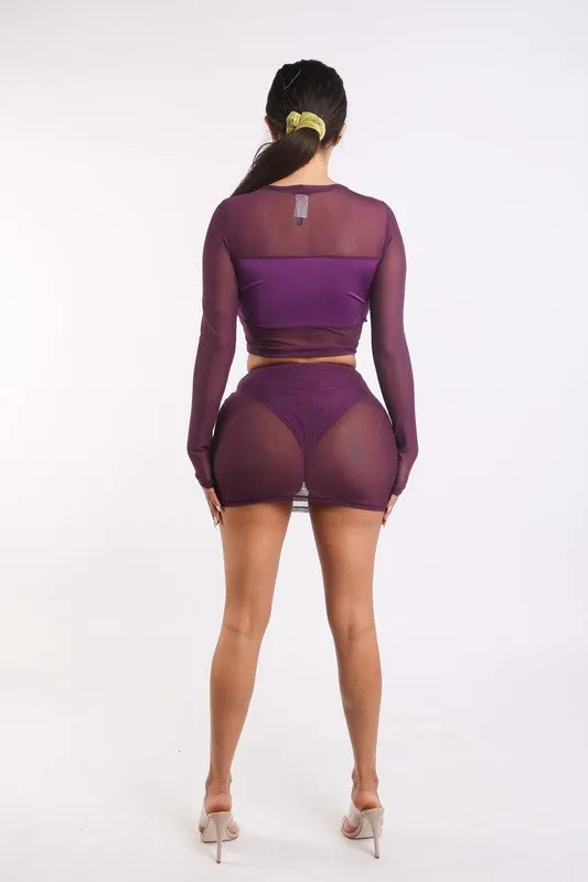 Satin Color Block Mesh Skirt Set