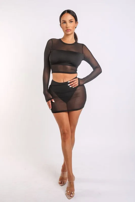 Satin Color Block Mesh Skirt Set