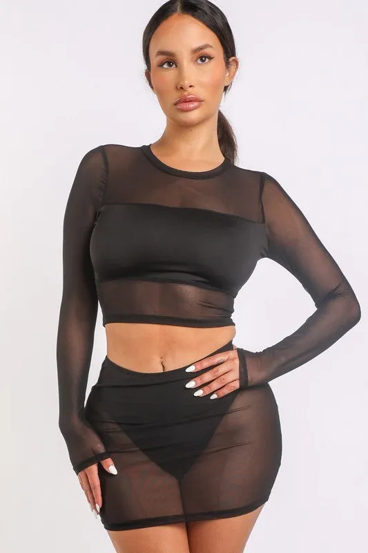Satin Color Block Mesh Skirt Set