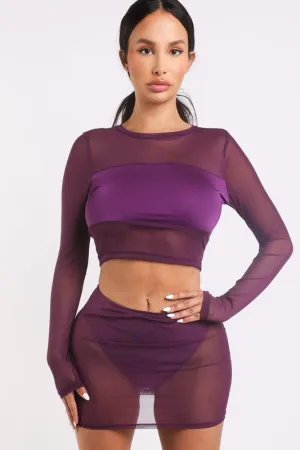 Satin Color Block Mesh Skirt Set