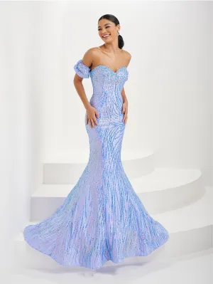 Sequin Print Strapless Puff Sleeve Gown by Tiffany Designs 16071