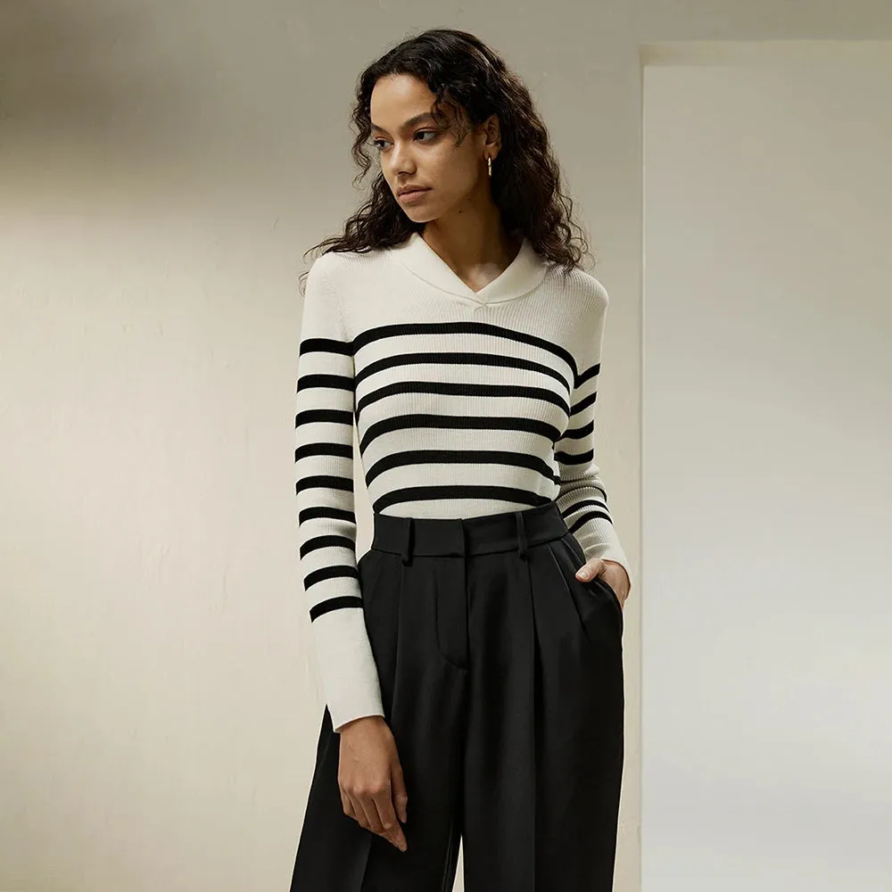 Shawl Collar Striped Wool Sweater