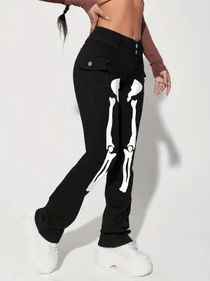 Skeleton Pattern High Waist Slim Fit Denim Jeans