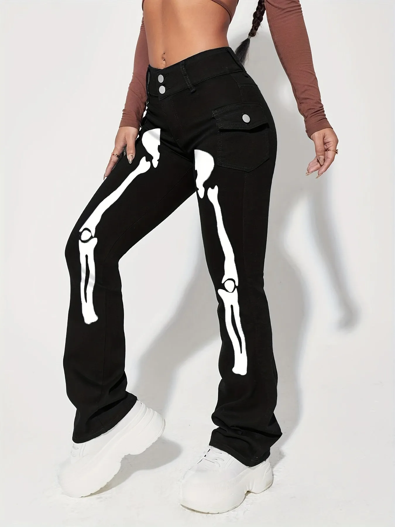 Skeleton Pattern High Waist Slim Fit Denim Jeans