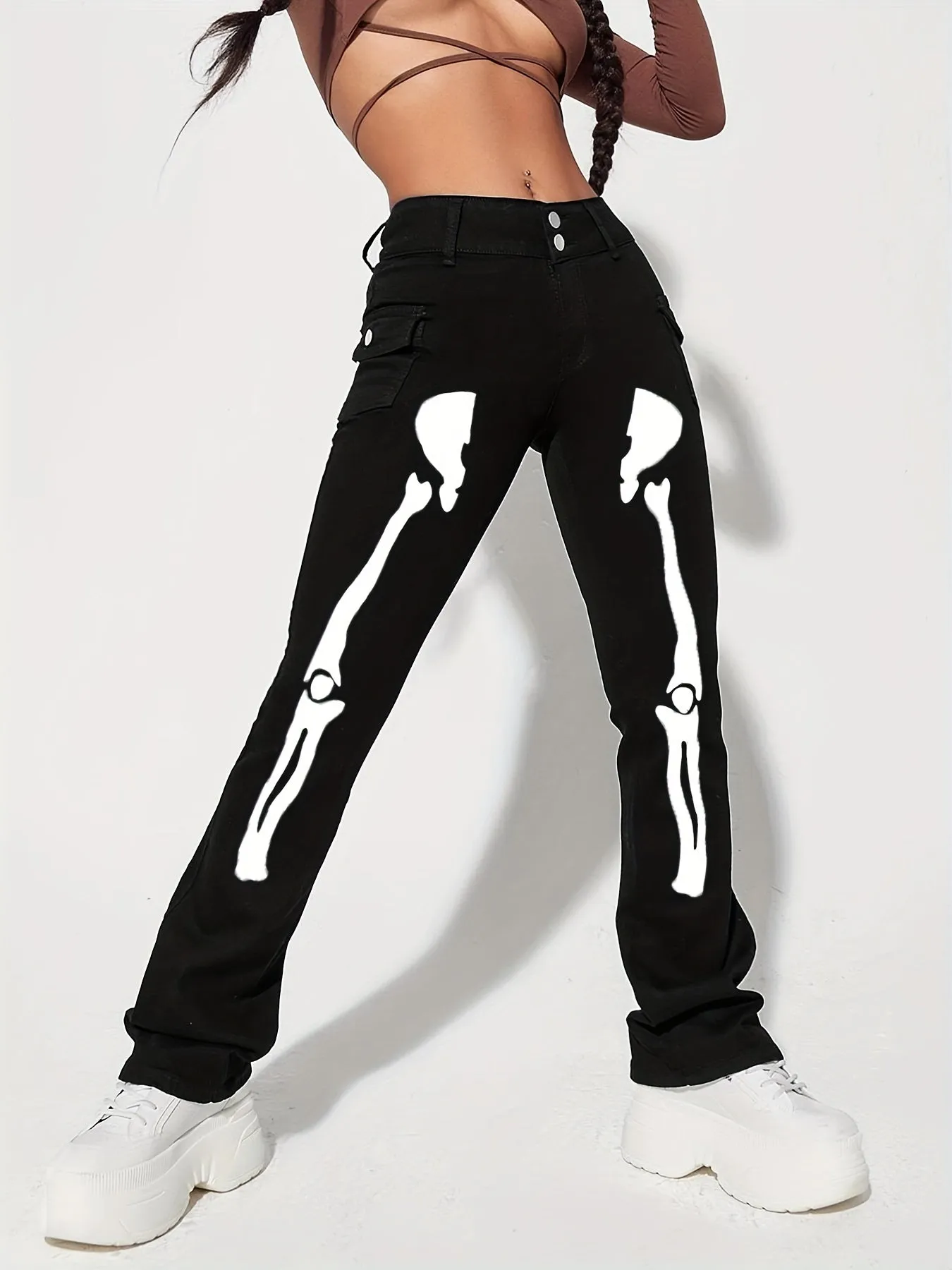 Skeleton Pattern High Waist Slim Fit Denim Jeans