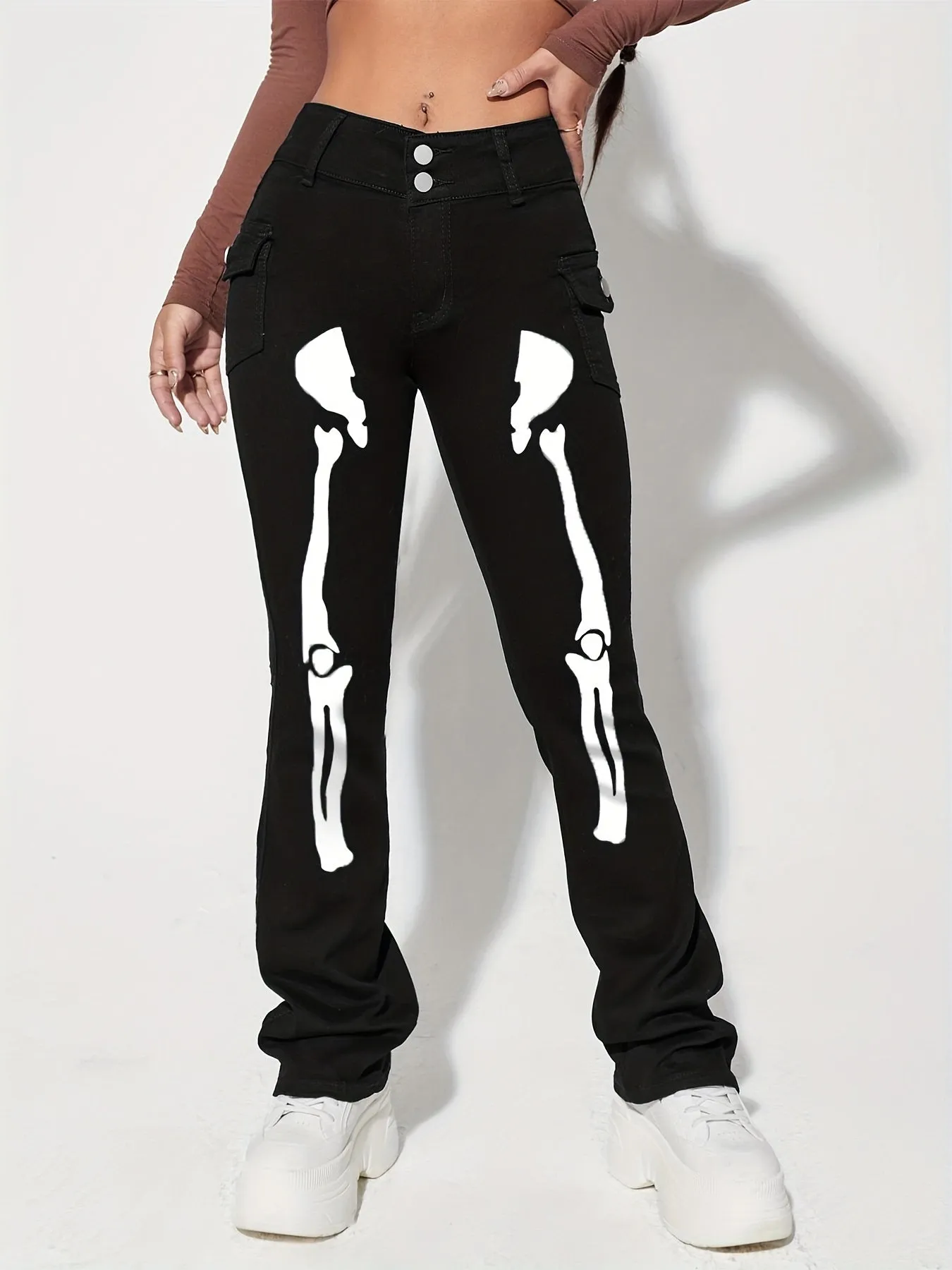 Skeleton Pattern High Waist Slim Fit Denim Jeans