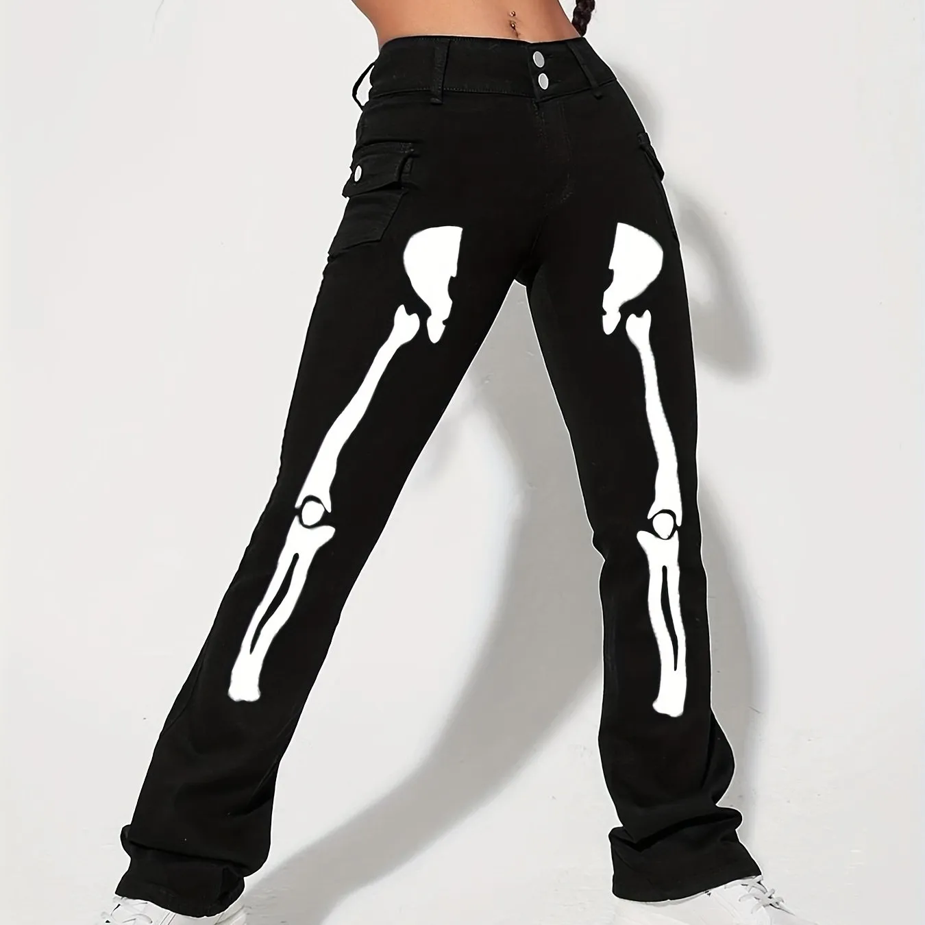 Skeleton Pattern High Waist Slim Fit Denim Jeans