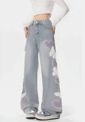 Soft Girl Fluffy Heart Butterfly Jeans