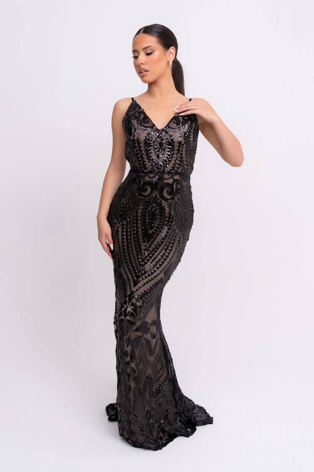 Spotlight Black Vip Luxe Sequin Backless Mermaid Fishtail Dress