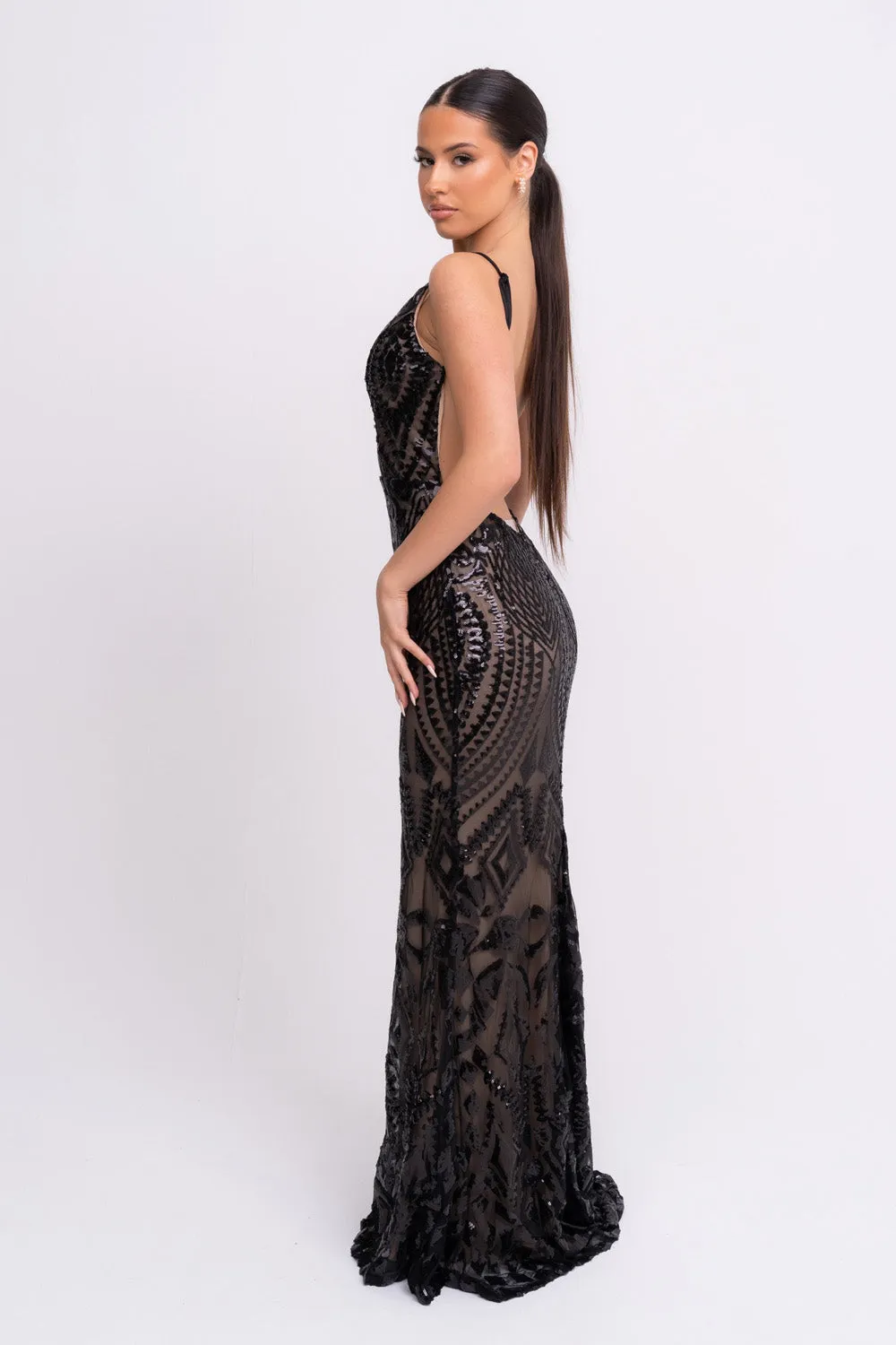 Spotlight Black Vip Luxe Sequin Backless Mermaid Fishtail Dress