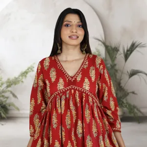 SRISHTI Pure Cotton Block Print, Red Long Dress Kurta