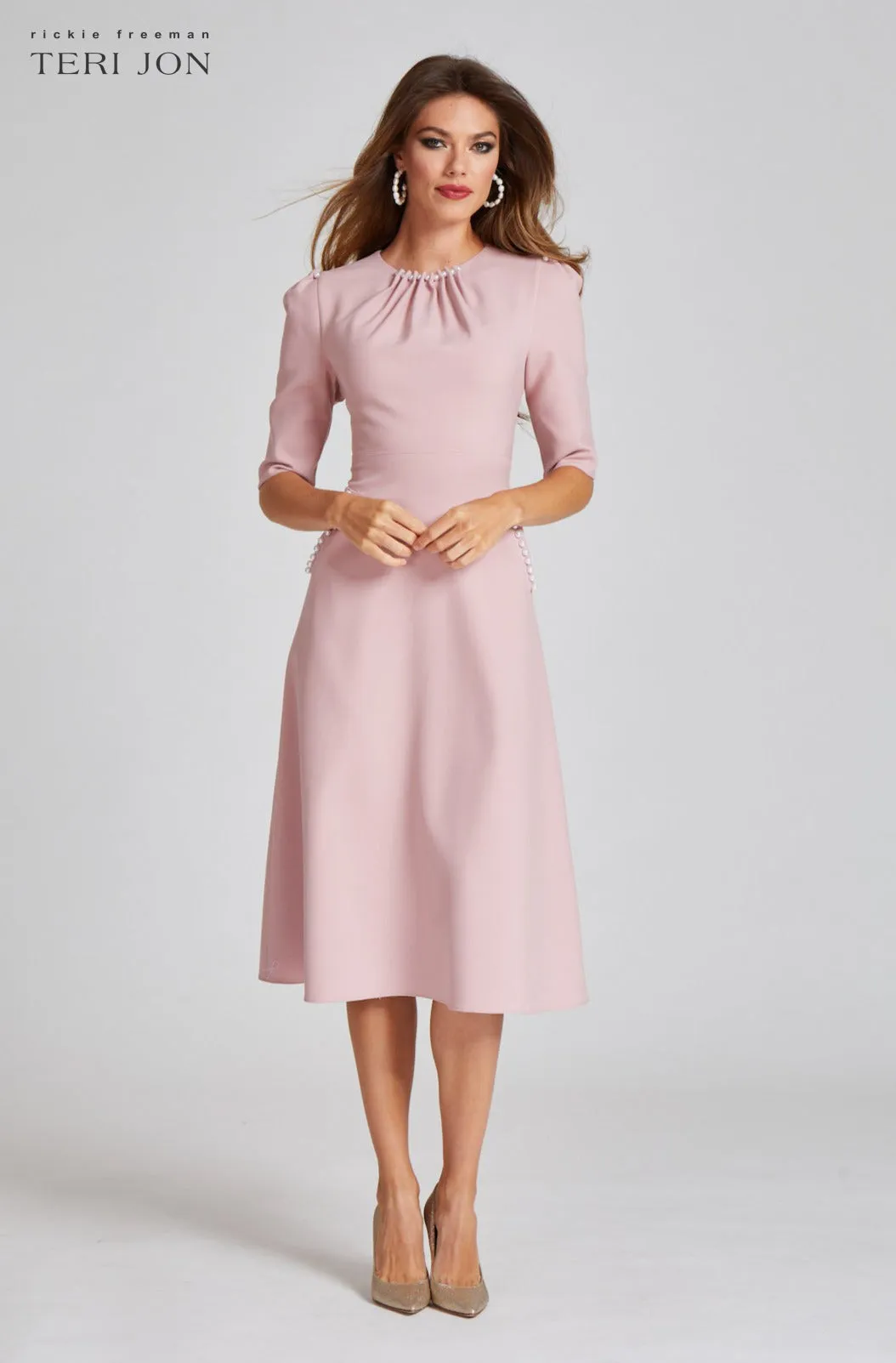 Stretch Crepe Pearl Trim Cocktail Dress