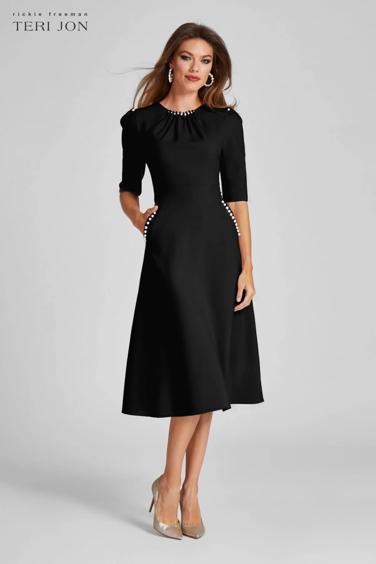 Stretch Crepe Pearl Trim Cocktail Dress