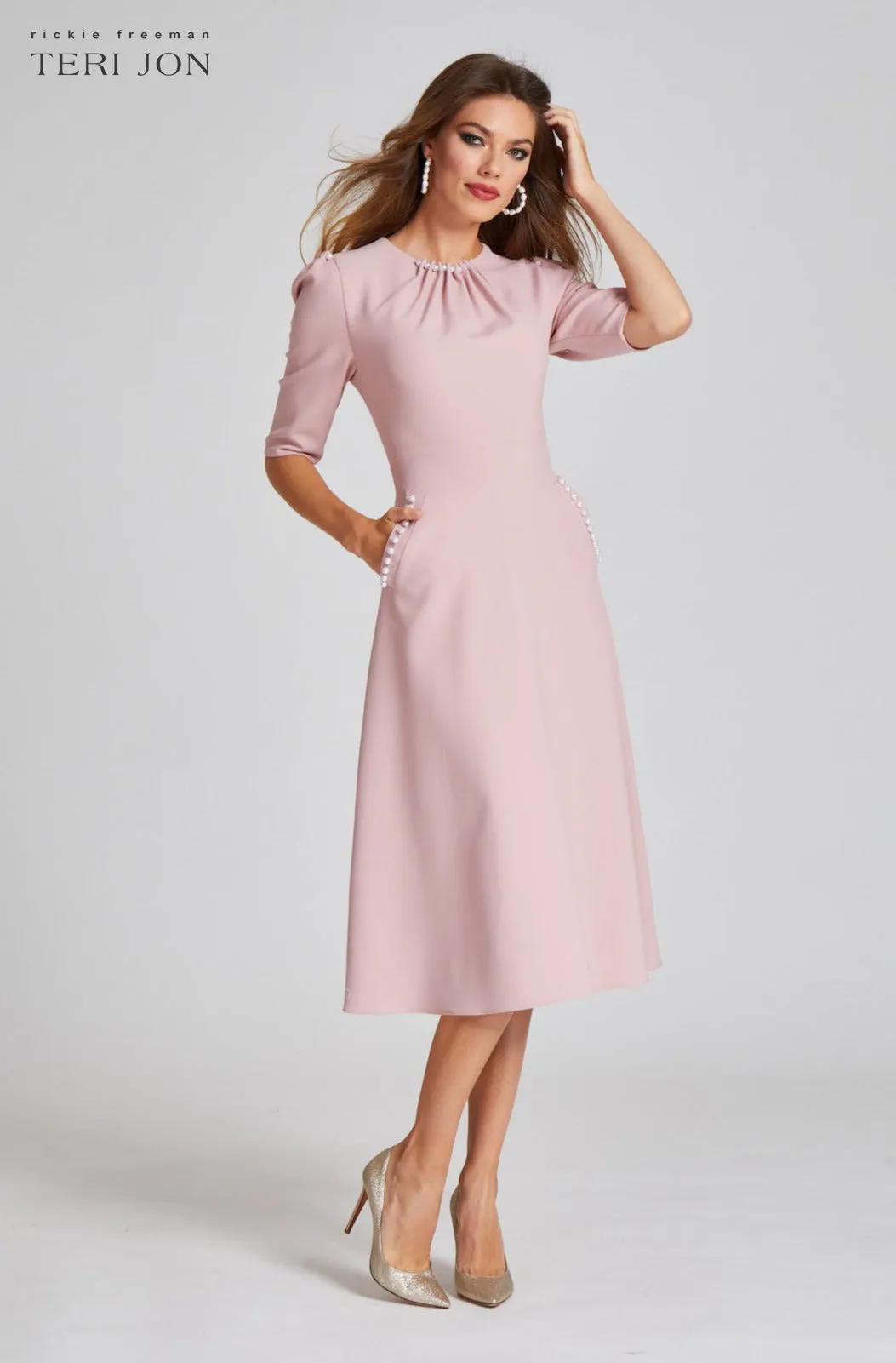 Stretch Crepe Pearl Trim Cocktail Dress