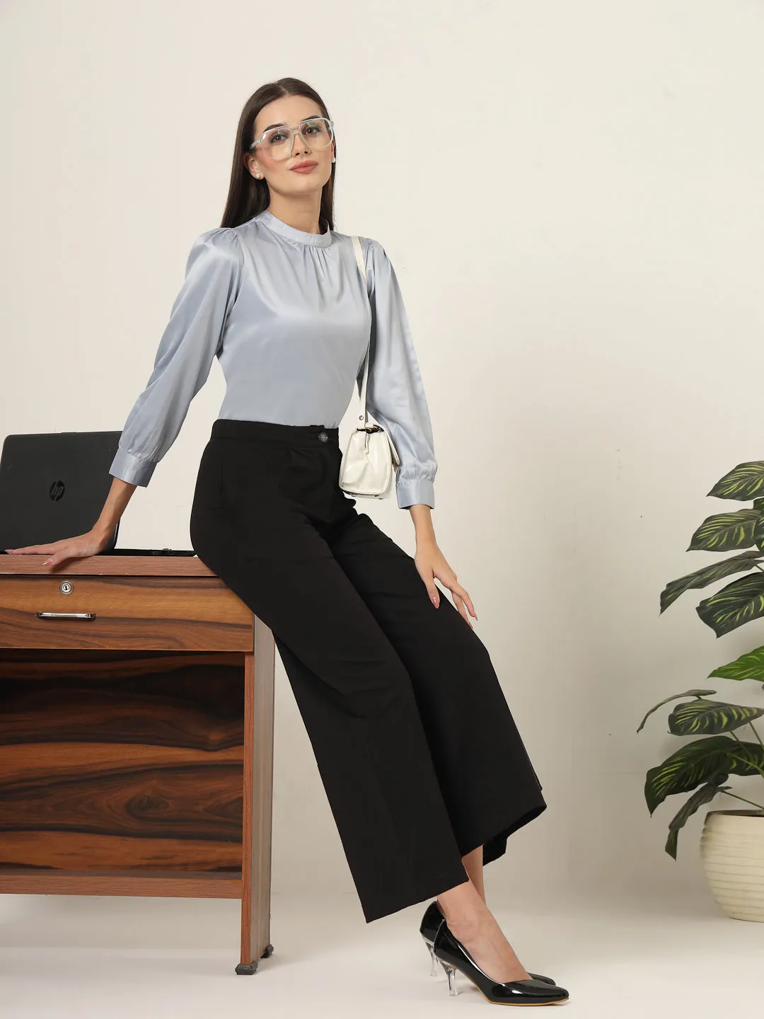 Style Quotient Women Solid Powder Blue Satin Regular Party Top