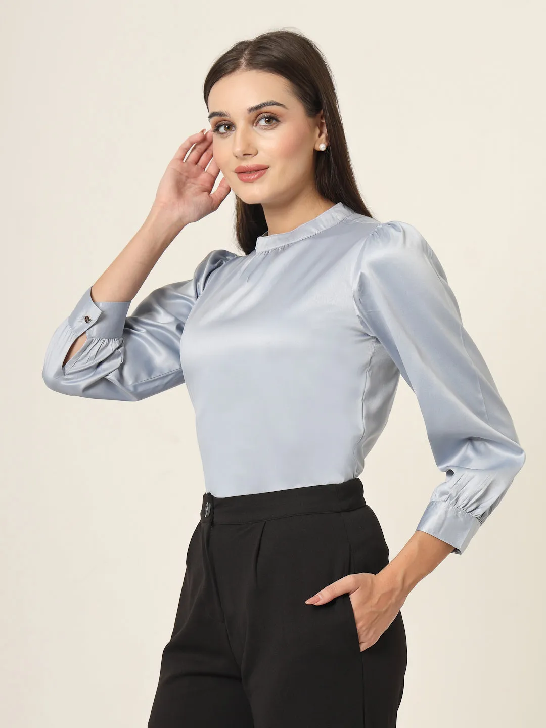Style Quotient Women Solid Powder Blue Satin Regular Party Top