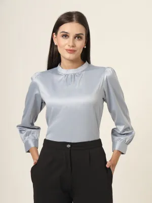 Style Quotient Women Solid Powder Blue Satin Regular Party Top