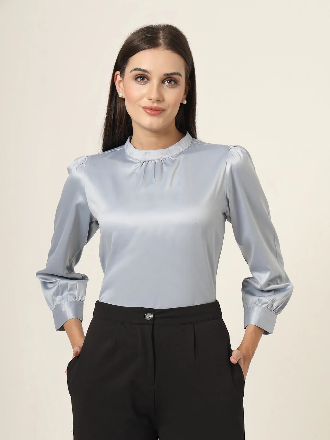 Style Quotient Women Solid Powder Blue Satin Regular Party Top