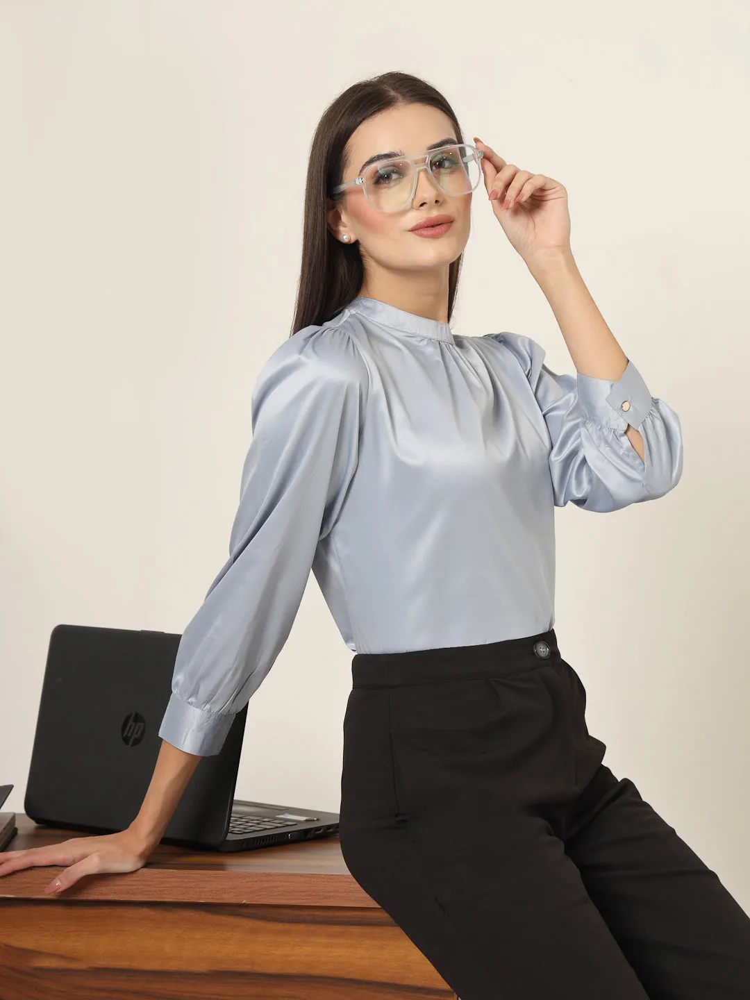 Style Quotient Women Solid Powder Blue Satin Regular Party Top