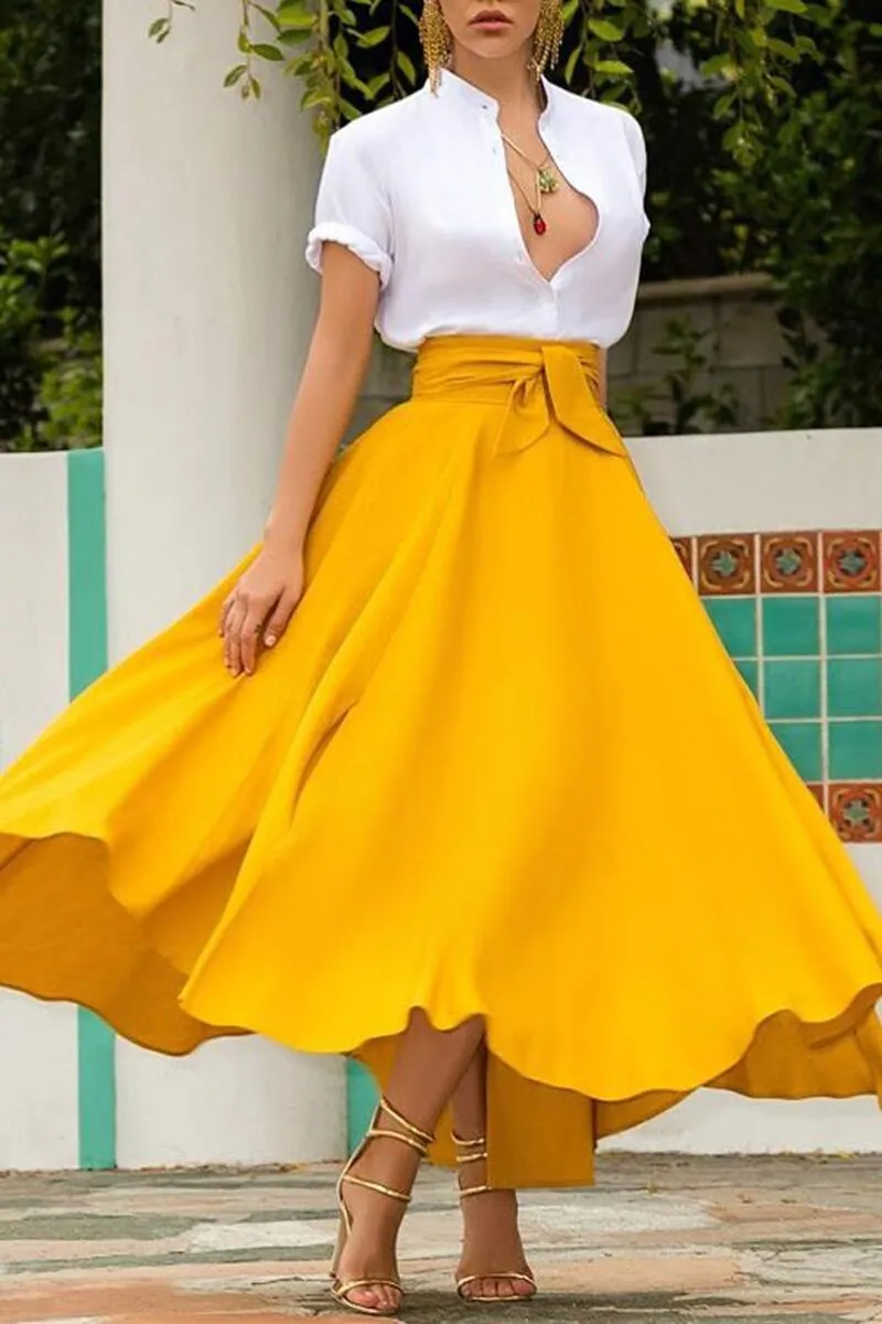Sunset Bliss High Waist Maxi Skirt - High Waist A-Line Pleated Slim Bow Belt Ankle-Length