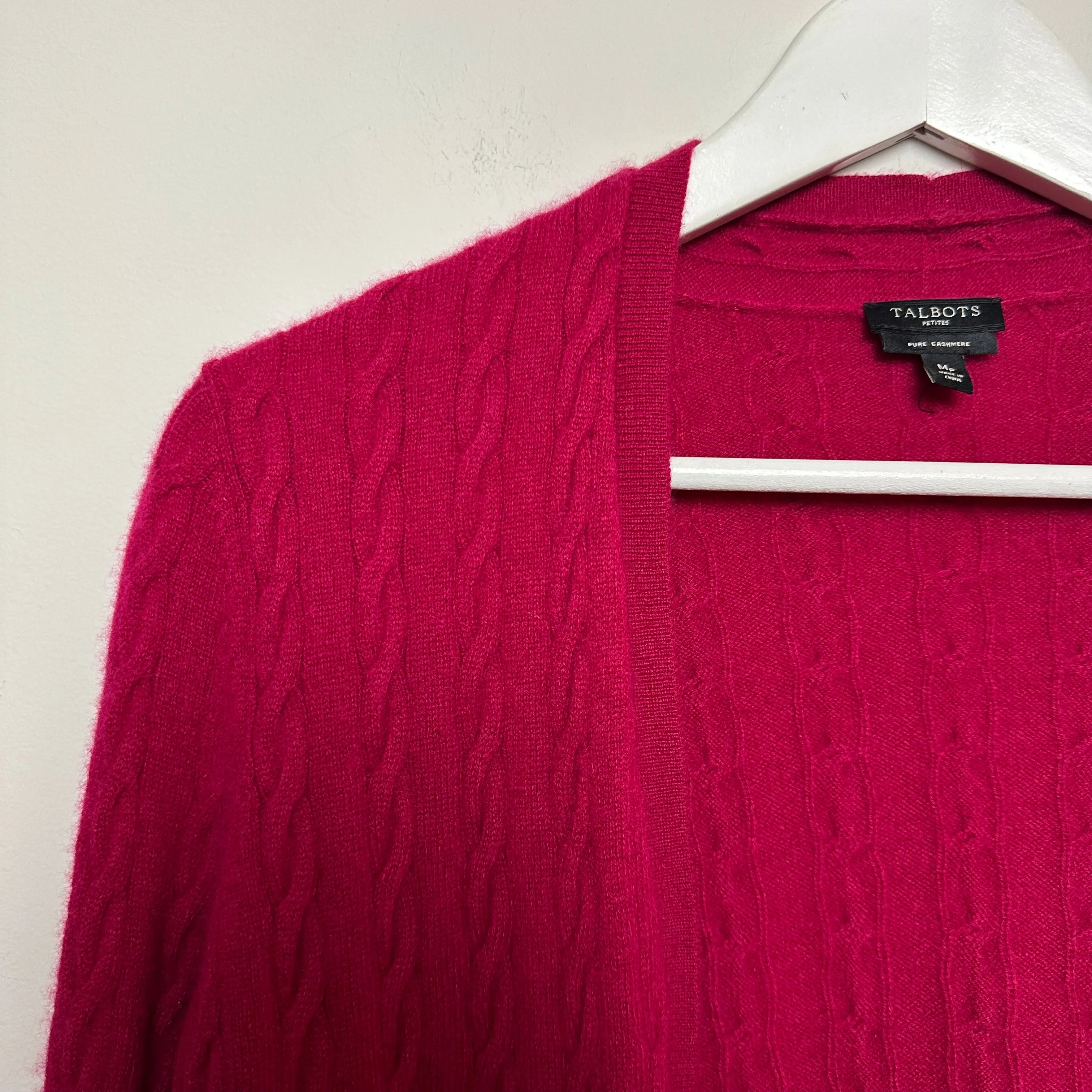 Talbots Cashmere Cardigan Sweater Cable Knit Open Front Raspberry Medium Petite