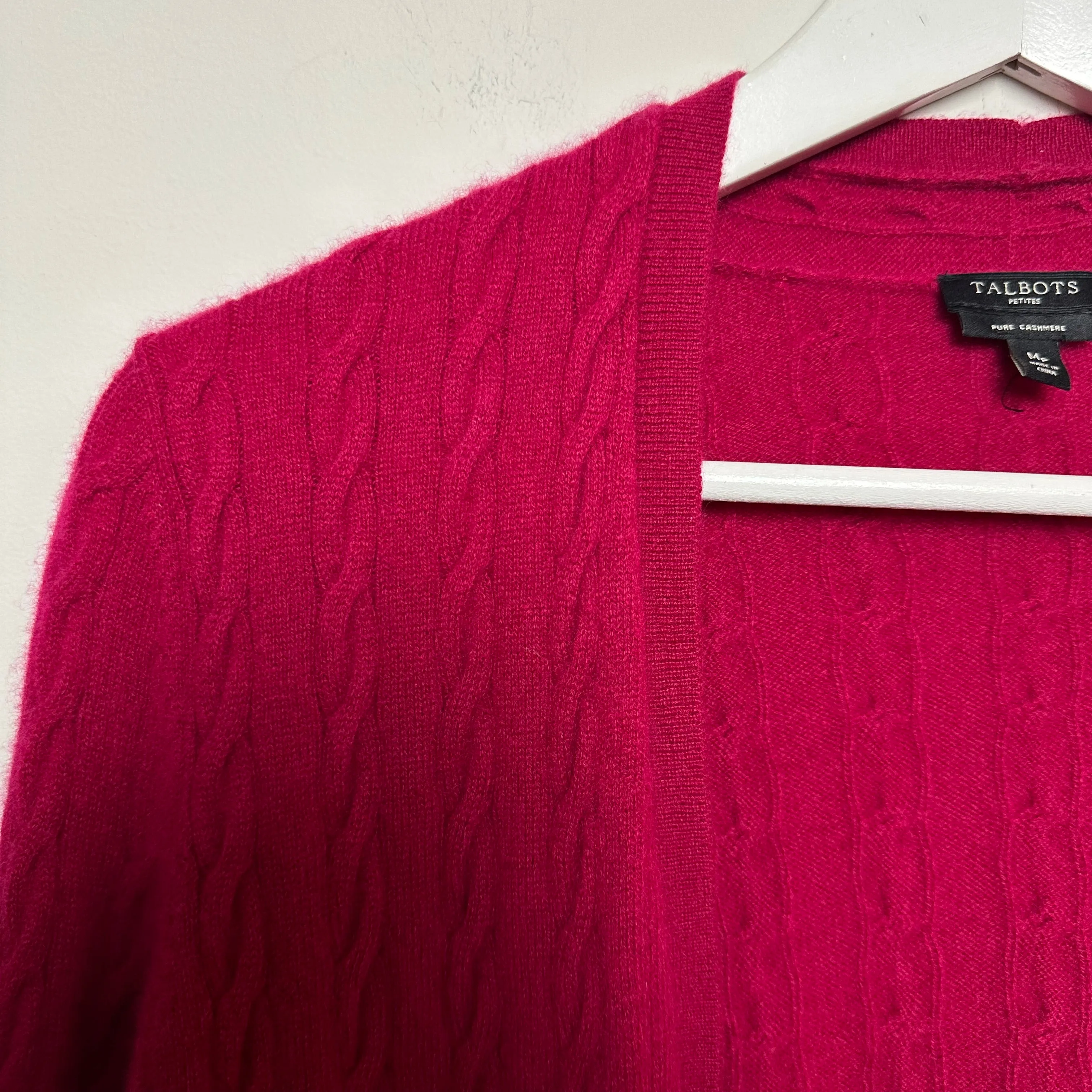 Talbots Cashmere Cardigan Sweater Cable Knit Open Front Raspberry Medium Petite