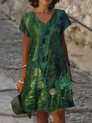TastyHottie - Vitange Green Flower V Neck Causal Short Sleeve Shift Dress