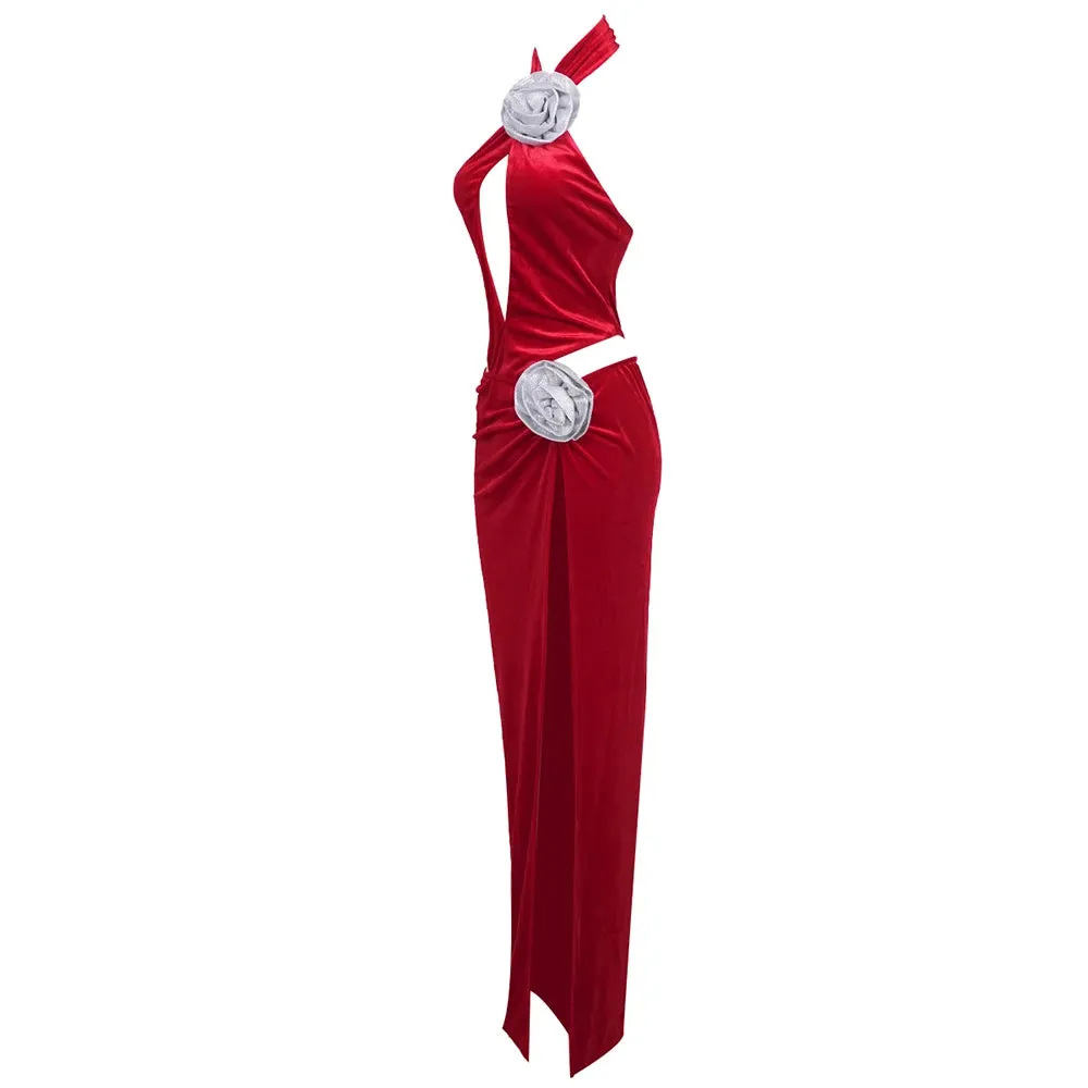 Trend4us Women's Velvet Halter Cutout Gown
