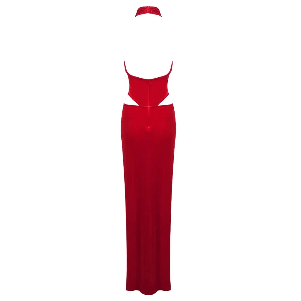 Trend4us Women's Velvet Halter Cutout Gown