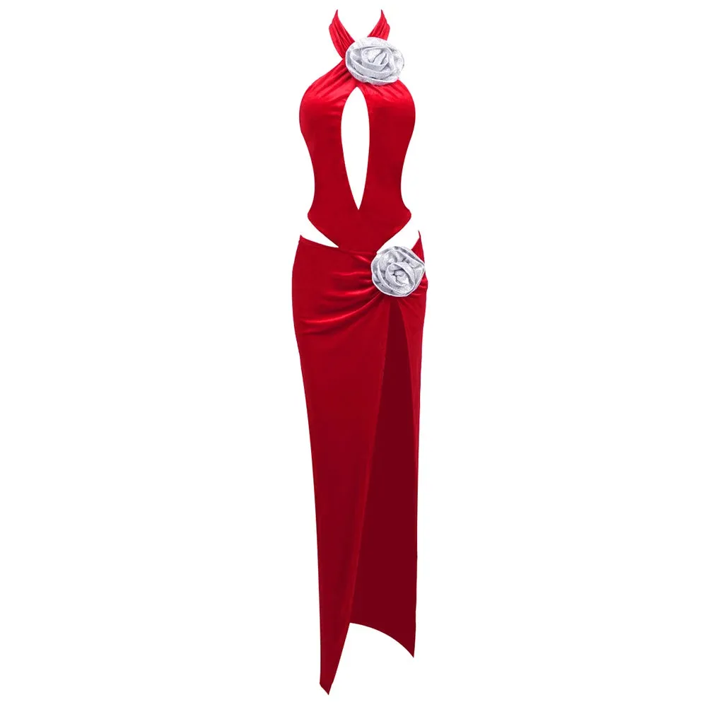Trend4us Women's Velvet Halter Cutout Gown